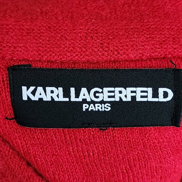 Karl Lagerfeld Red Colorblock Stripe 50% Boiled Wool Snap Closure Cardigan - Picture 3 of 5